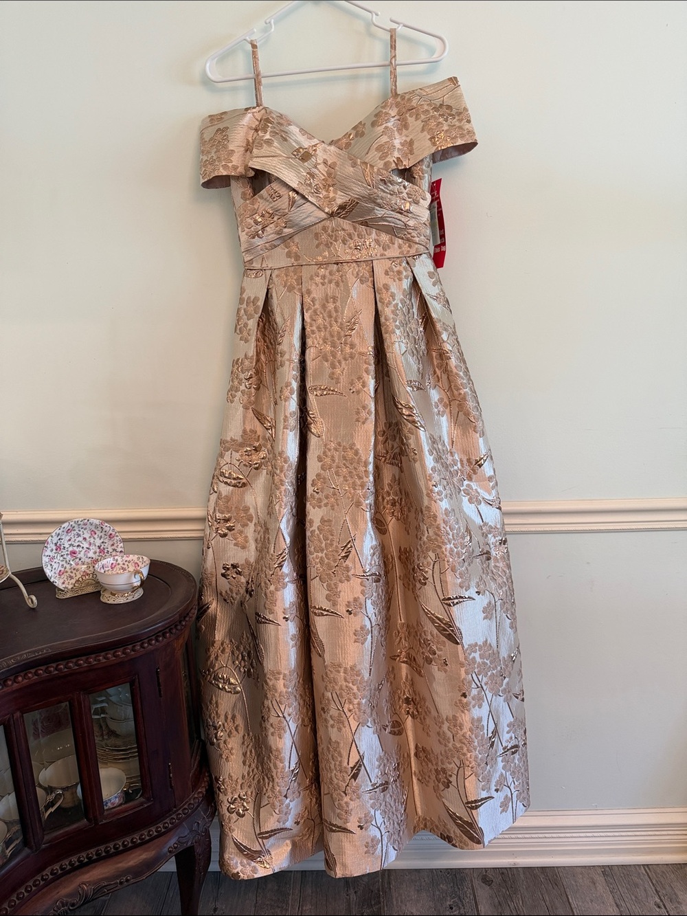 Night Way Collections Champagne Floral Off-Shoulder Formal Gown